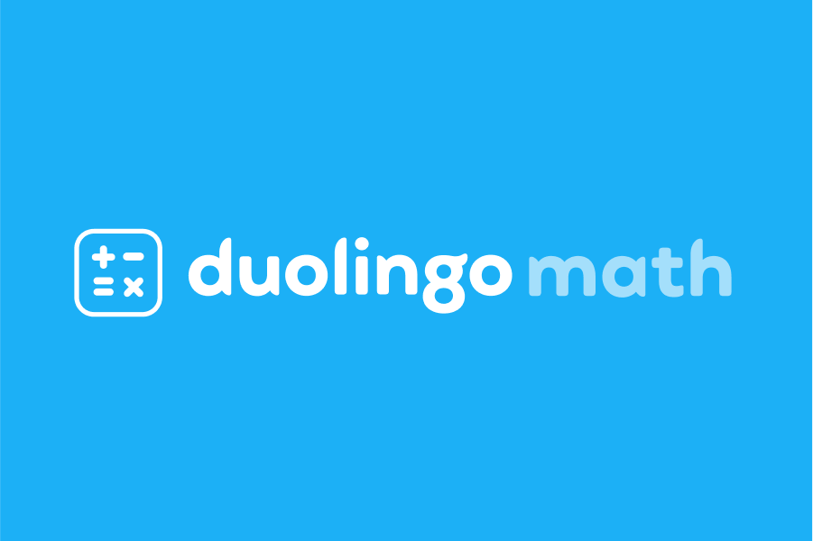 Illustration of the words "Duolingo math" next to a square with a plus sign, minus sign, equals sign, and multiplication sign