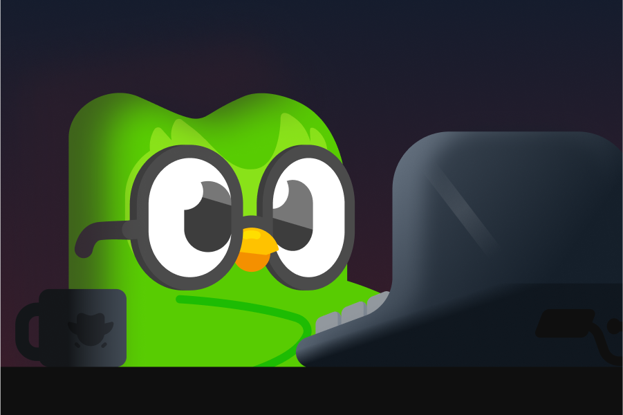 Illustration of Duo the owl sitting in the dark next to a cup of coffee, illuminated by the light from a laptop screen