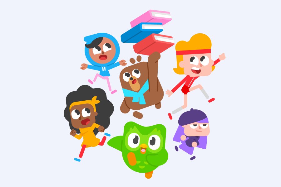 Illustration of the Duolingo characters as children, smiling and walking