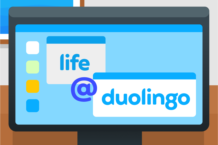 Illustration of a computer monitor with two browser windows that read "Life at Duolingo"