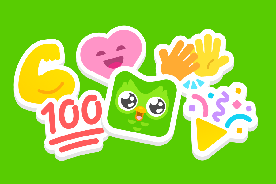 Illustration of 5 emoji stickers (100, a flexing arm, a heart, a high five, confetti) and Duo the owl