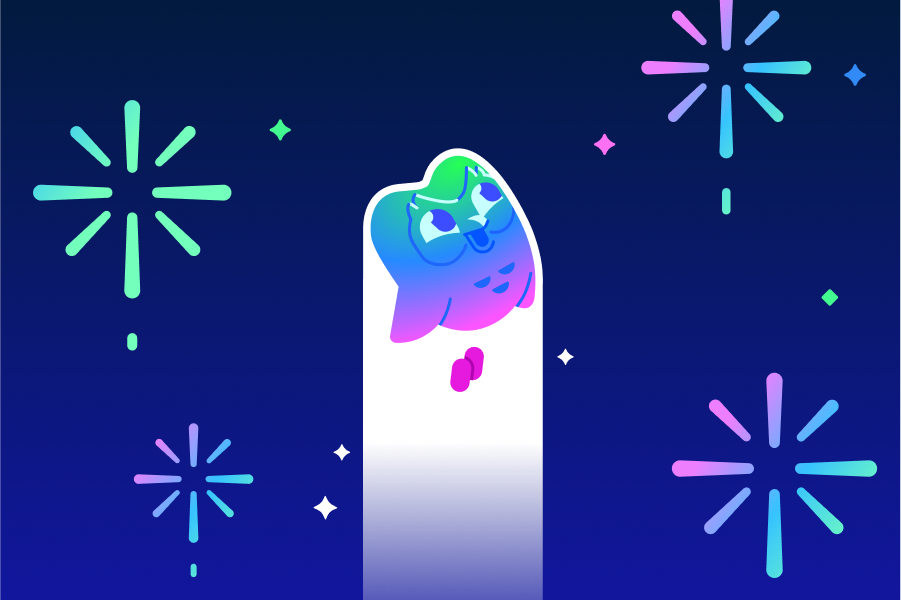Illustration of the multi-colored Super Duolingo owl rocketing into a sky filled with multi-colored fireworks