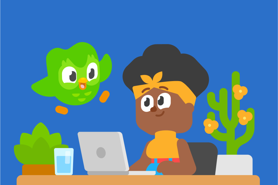 Illustration of Bea sitting at a desk, working on a laptop, smiling up at Duo who is flying near her