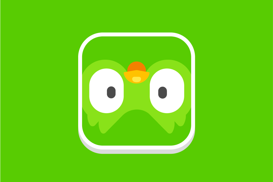 Illustration of the Duolingo app icon, upside down, with Duo looking stressed