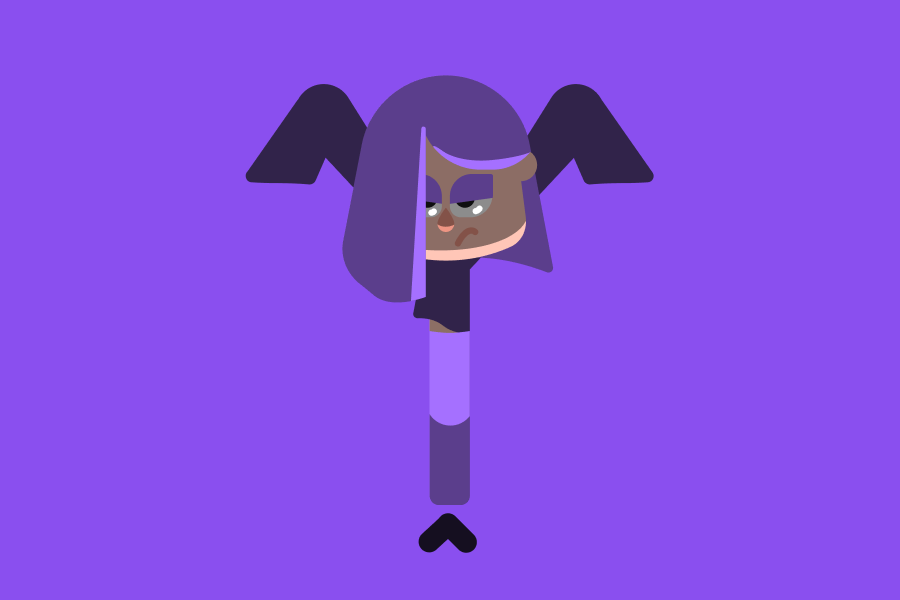 Illustration of Lily with arms raised on either side of her head, looking ominous and bat-like.