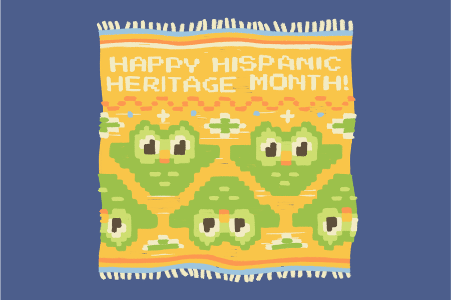 Illustration of a woven blanket with the words "Happy Hispanic Heritage Month" and Duo the owl woven into it