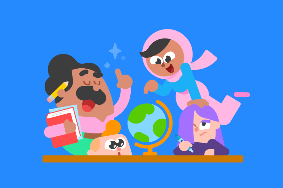 Illustration of Oscar holding books and lecturing Junior, Lily, and Zari, who is pointing happily at a globe