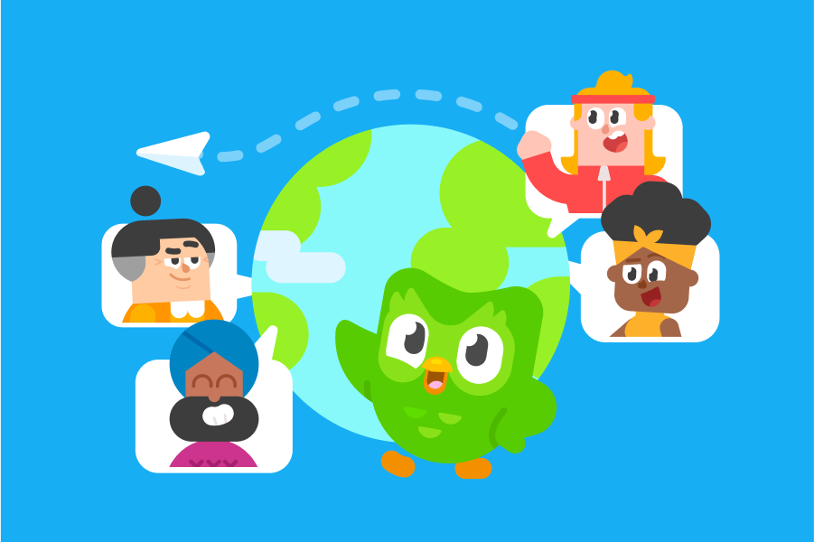 Illustration of planet Earth with 4 characters and Duo surrounding the globe