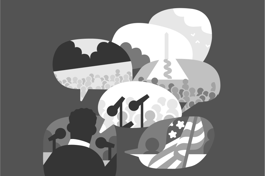 Many speech bubbles each including part of the scene of Martin Luther King, Jr. giving his "I have a dream" speech