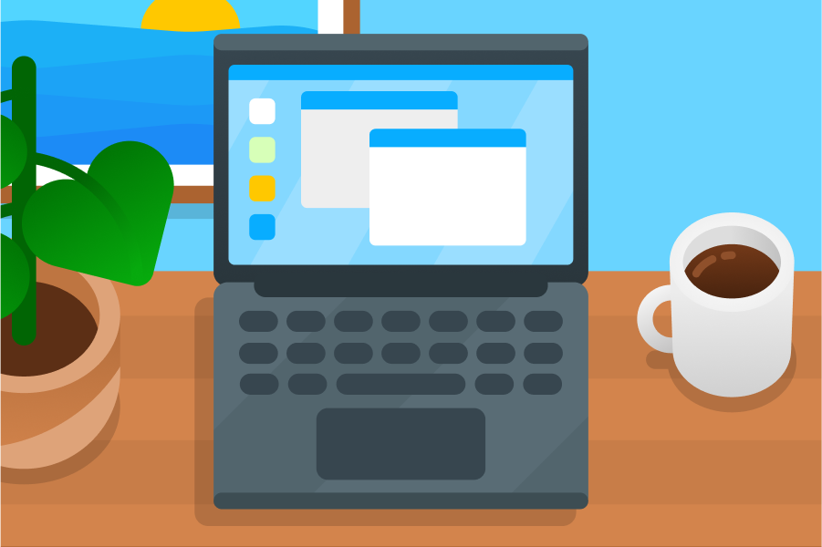Illustration of a cup of coffee and a laptop computer with multiple browser windows open