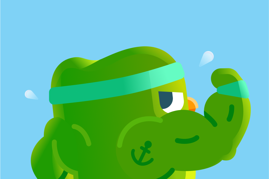 Illustration of Duo the owl from behind. He is looking over his shoulder, wearing a sweatband, and flexing his bicep