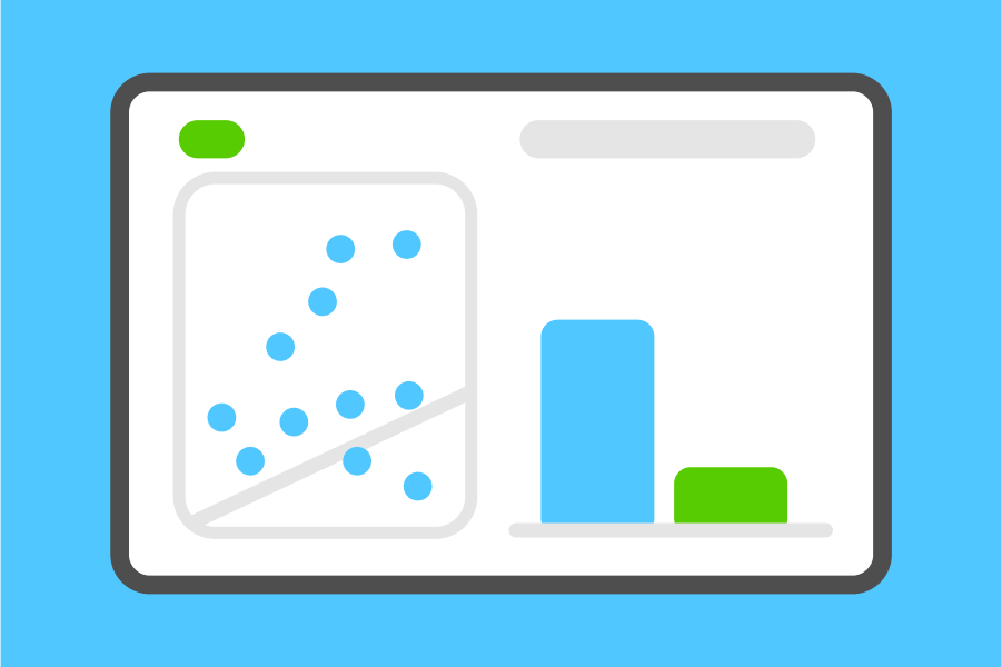 Illustration of two charts: one with data points and a regression line and the other is a bar chart