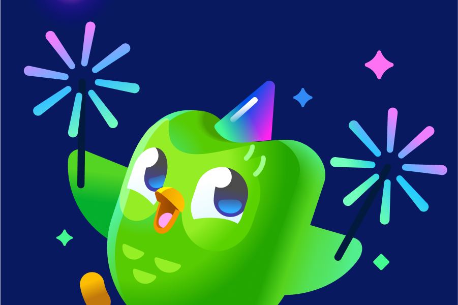 Illustration of Duo the owl wearing a multi-colored party hat and holding multi-colored sparklers