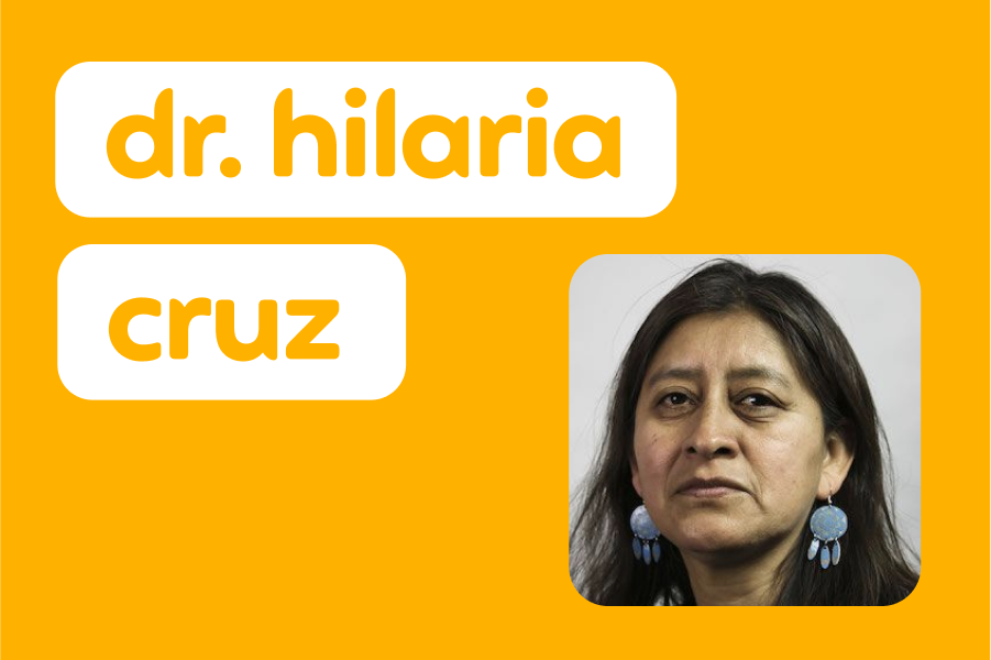 Photo of Dr. Hilaria Cruz, a woman with long dark hair and blue earrings, next to her name