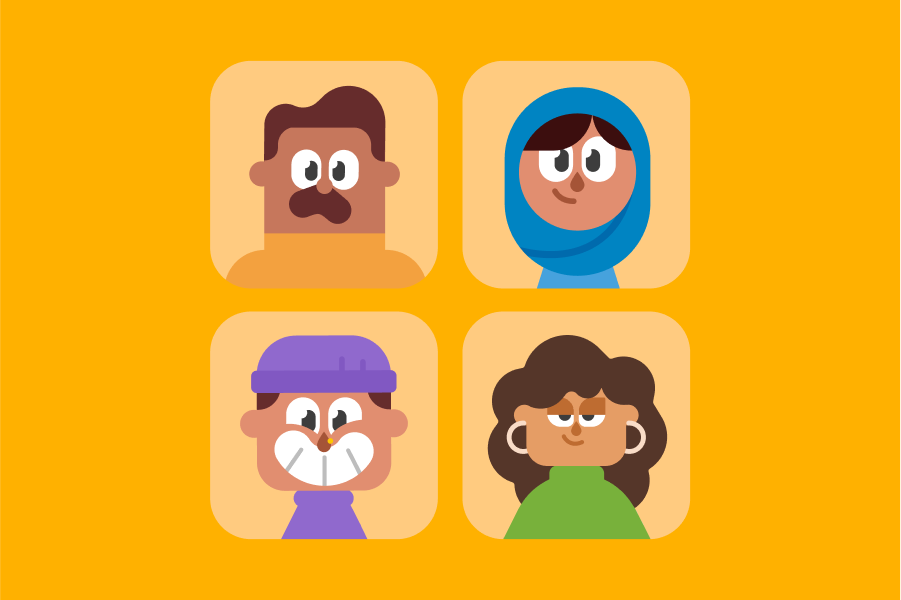 Illustration of a 2 by 2 grid of 4 avatars of people of different ages, ethnicities, and hair and head covering styles