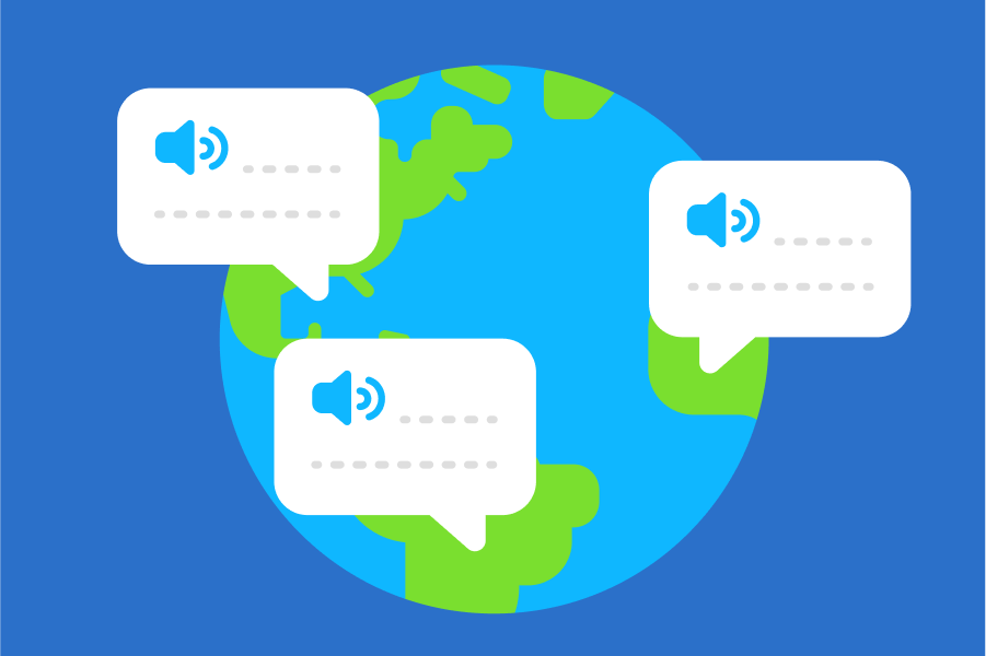 Illustration of planet Earth with 3 speech bubbles coming from different continents