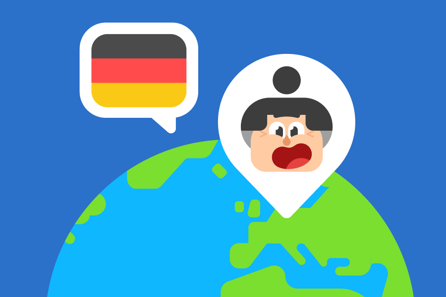 Illustration of planet Earth with a smiling picture of Lucy and the German flag over Germany