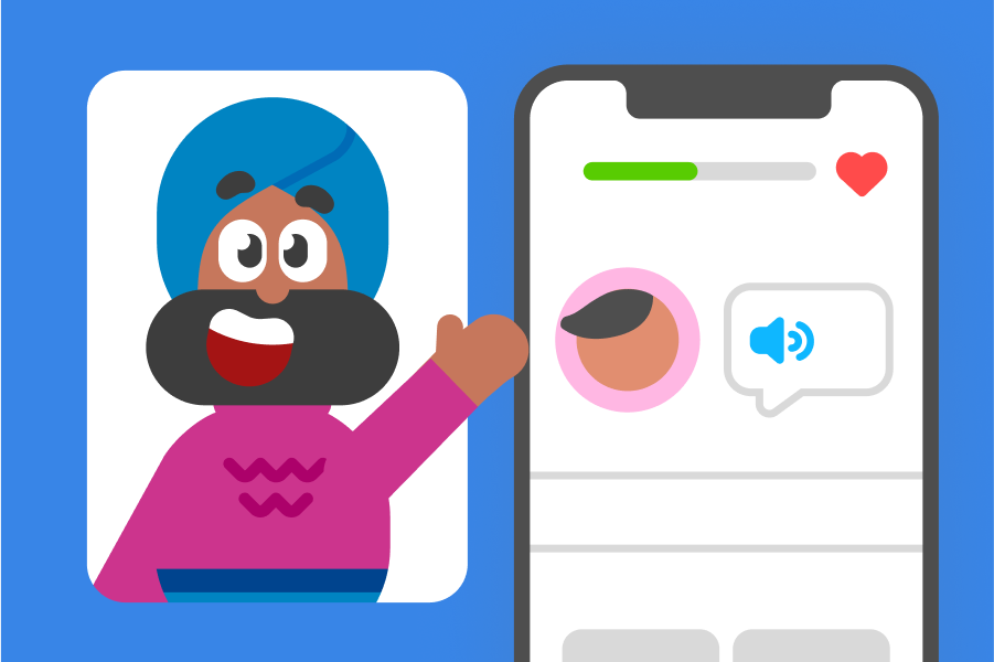 Illustration of Vikram smiling and waving next to a screenshot of an exercise in a language course