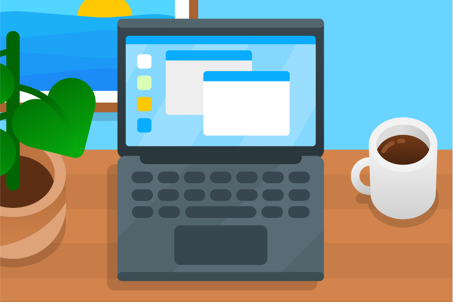 Illustration of a cup of coffee and a laptop computer with two open browser windows