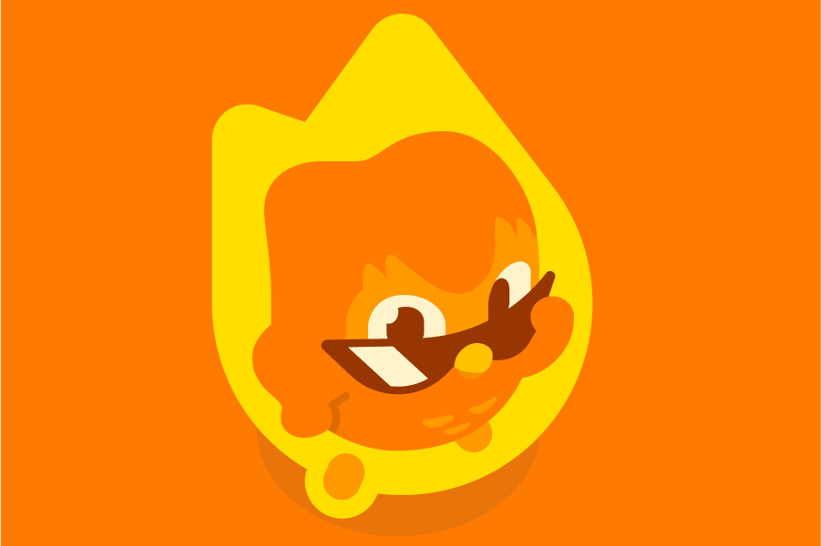 Illustration of an orange Duo the owl surrounded by a streak flame and looking up at the reader over his sunglasses