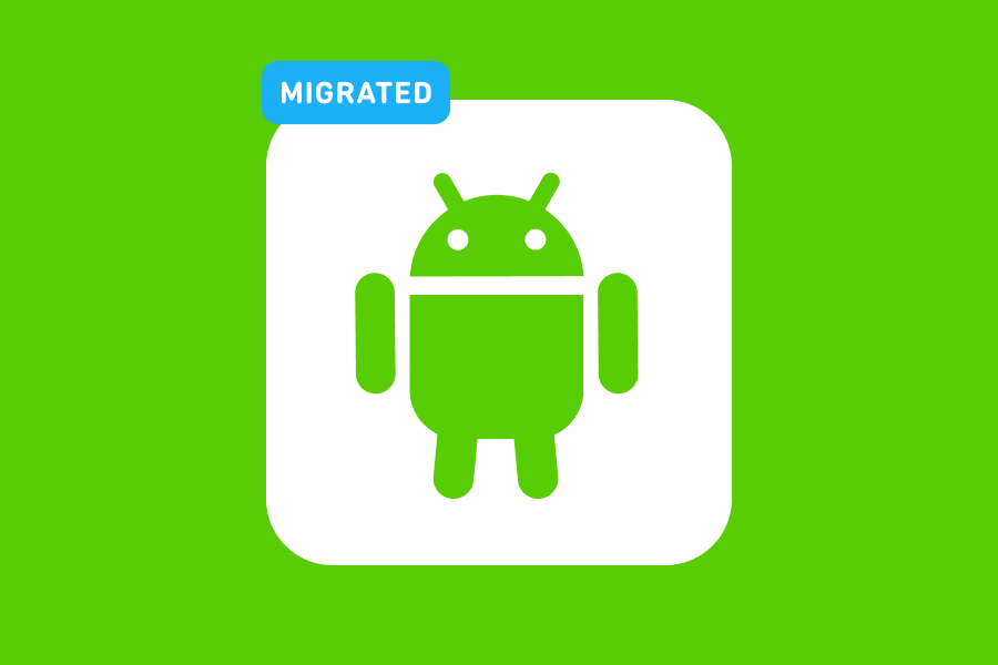 Illustration of a green Android robot with the word "migrated" at the top left