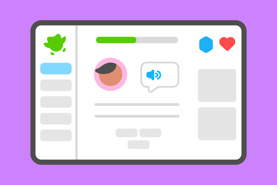 Illustration of a a Duolingo lesson with the outline of Zari speaking the exercise and gems and hearts in the corner