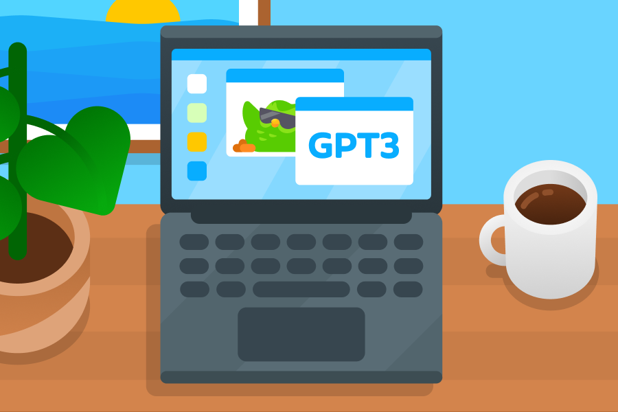 Illustration of a cup of coffee and a laptop computer with 2 open windows: one with Duo and the other with the phrase "GPT3"