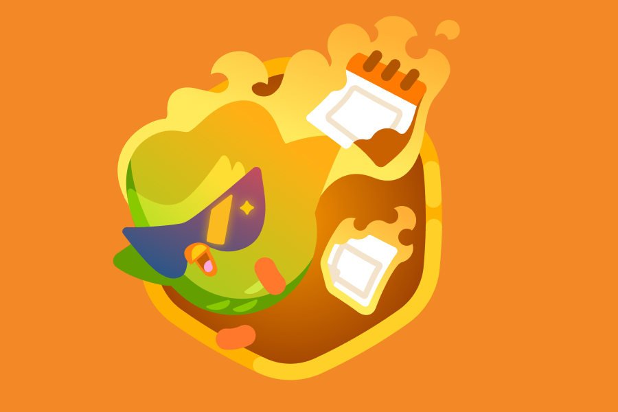 Illustration of an orange Duo the owl. He's wearing sunglasses and flames and a burning calendar are behind him