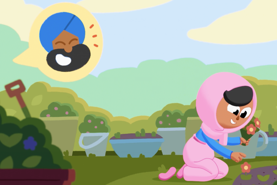 Illustration of Zari in a lush, green garden planting flowers and a speech bubble of Vikram grinning