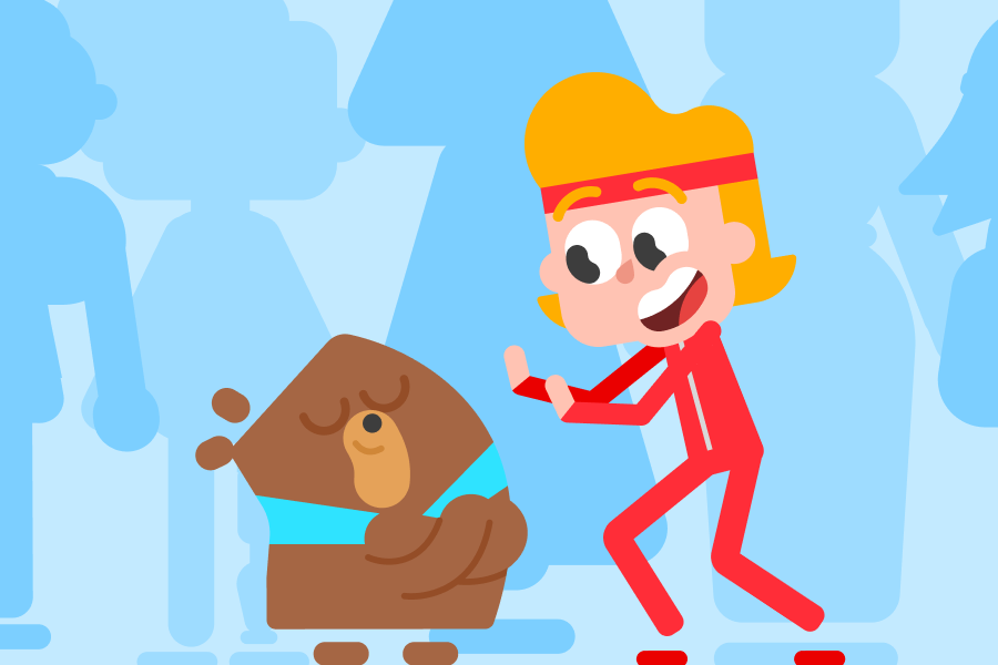 Illustration of Eddy and Fofo smiling and standing in a crowd