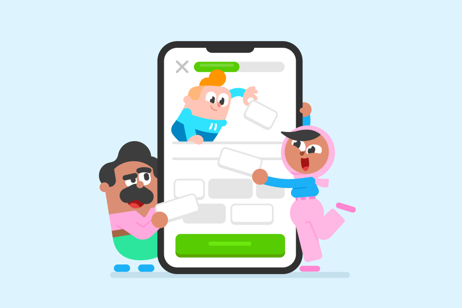 Illustration of a phone screen with a Duolingo language lesson, with Oscar, Junior, and Zari arranging the word tiles