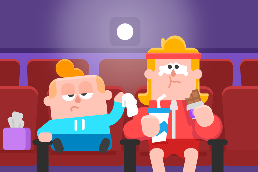 Illustration of Eddy and Junior in a movie theater. Eddy is tearing up and Junior looks board and is handing him a tissue