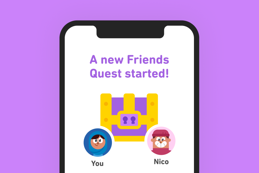 A phone screen with two avatars on Duolingo and a treasure chest between them and the phrase "A new Friends Quest started!"