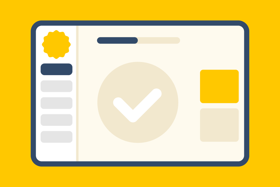 Illustration of a computer monitor with the Duolingo English test on the screen and a large check mark at the center