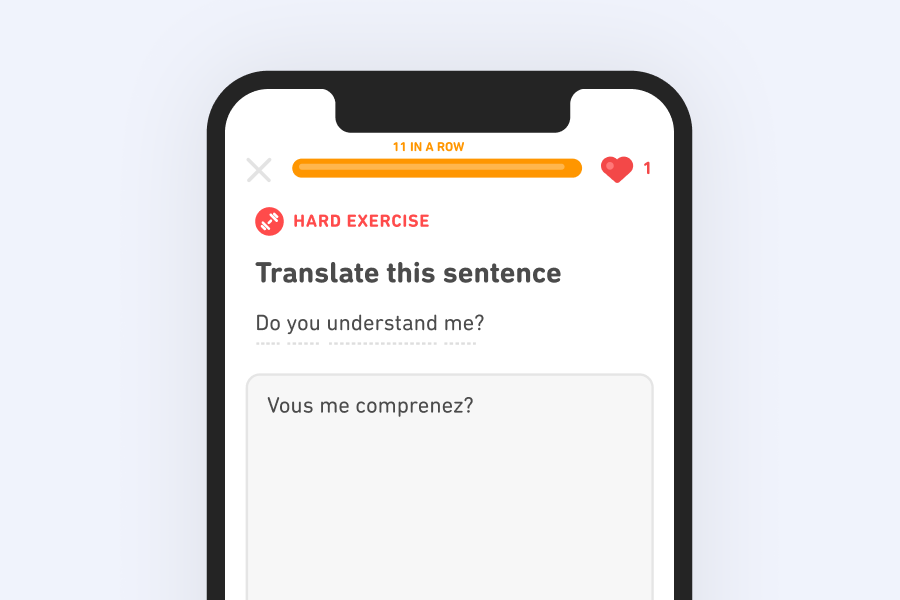Illustration of a Duolingo language lesson for translating the English sentence "Do you understand me?" into French