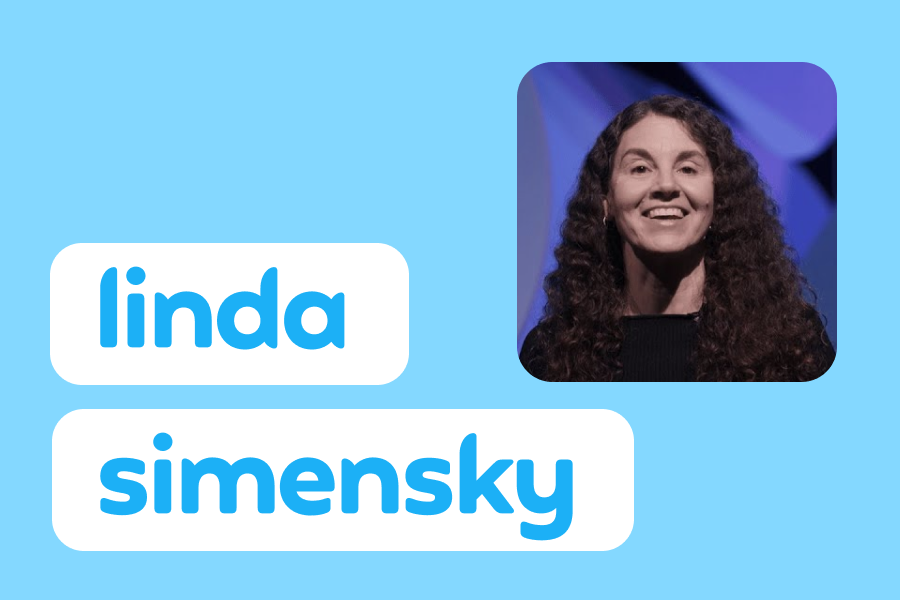 Picture of a smiling woman with long, dark curly hair next to the words "Linda Simensky"