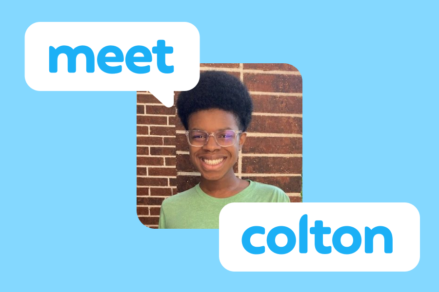 Illustration of a smiling high school student with glasses and two speech bubbles with the words "Meet Colton"