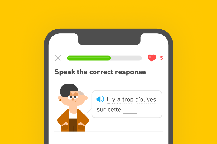 Illustration of a Duolingo exercise: Lin is standing next to a French fill-in-the-blank sentence
