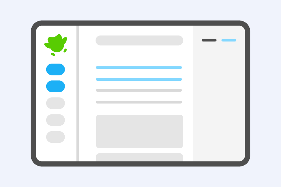 Illustration of a desktop screen with a menu on the left, vague text in the center, and the green Duolingo owl in the corner