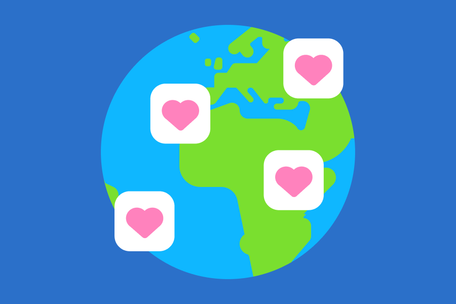 Illustration of planet Earth with pink hearts scattered across different continents