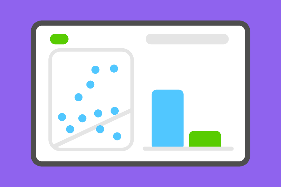 Illustration of two charts: one of scattered data points and a regression line and the other a bar chart with two bars