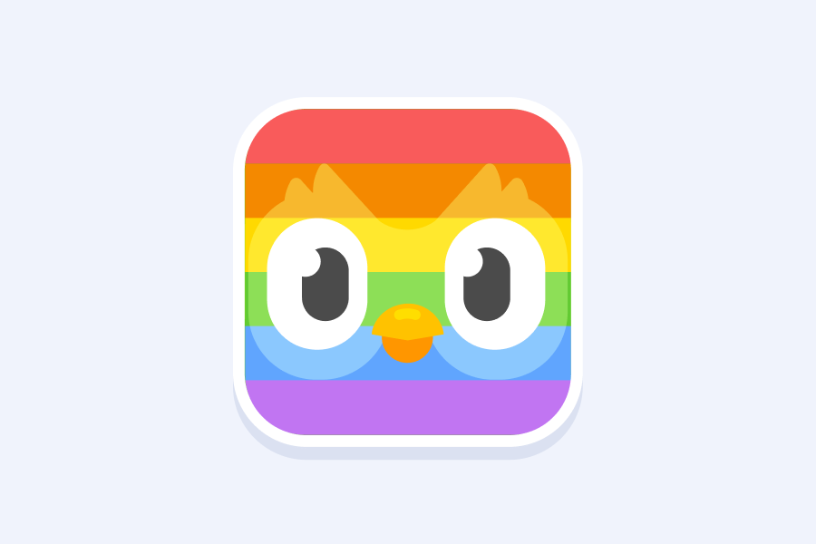 Illustration of the Duolingo app icon in the colors of the LGBTQIA rainbow flag