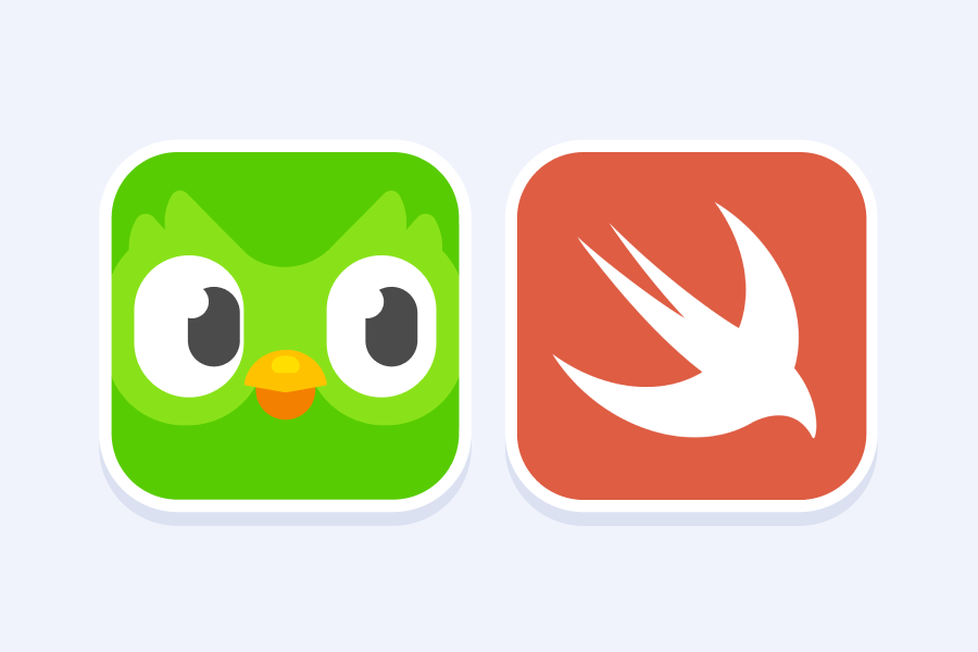 Illustration of the green Duolingo app icon, with the owl's eyes looking right towards the red Swift app icon