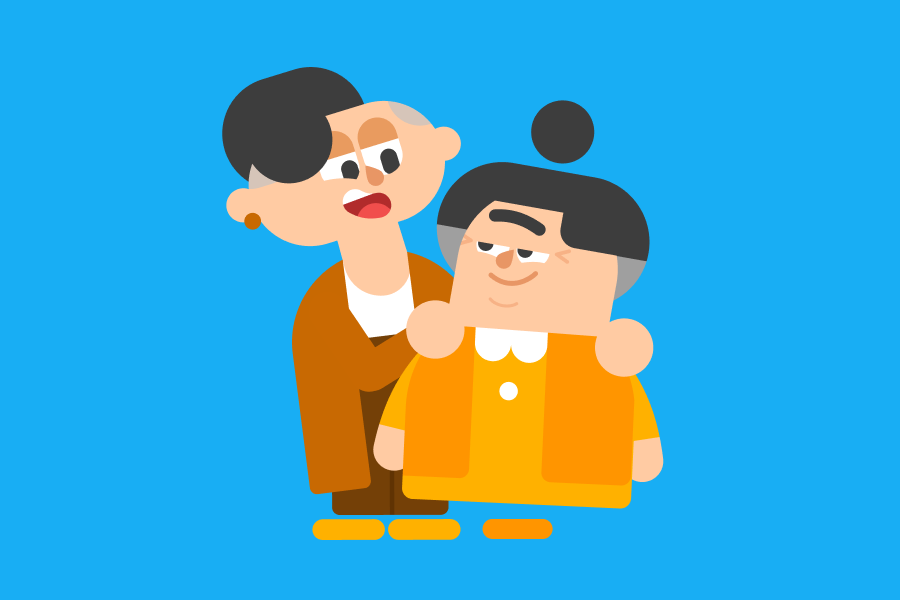 Illustration Lin is standing with her hands on Lucy's shoulders and they are looking at each other affectionately