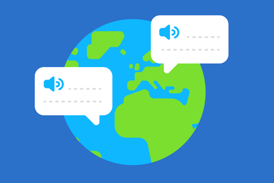 Illustration of the globe with two speech bubbles coming from different continents