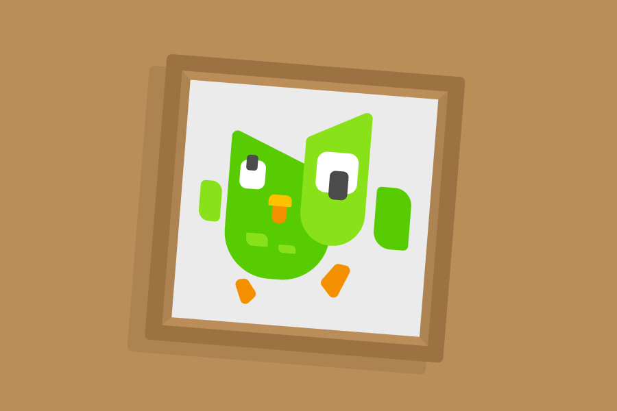 Illustration of a framed painting of Duo the owl in the style of a modernist painter