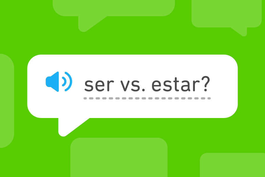 Illustration of a speech bubble with the phrase "ser versus estar" and a question mark