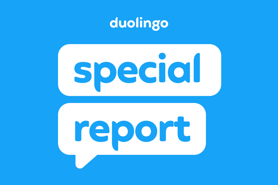 The words "duolingo special report" in a speech bubble on a blue background