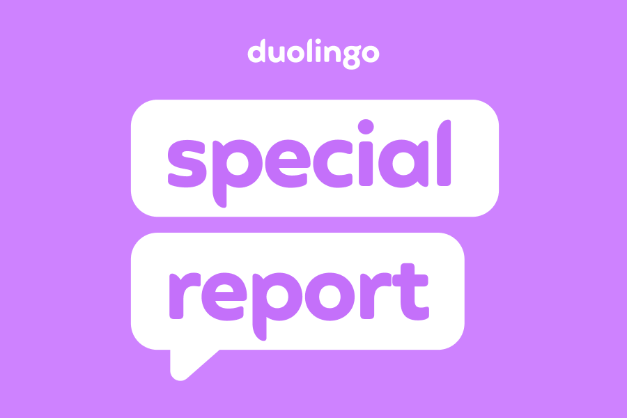 The words "duolingo special report" in a speech bubble on a purple-pink background
