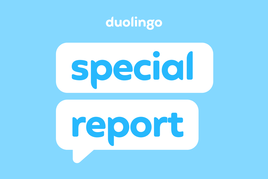 The words "duolingo special report" in a speech bubble on a light blue background